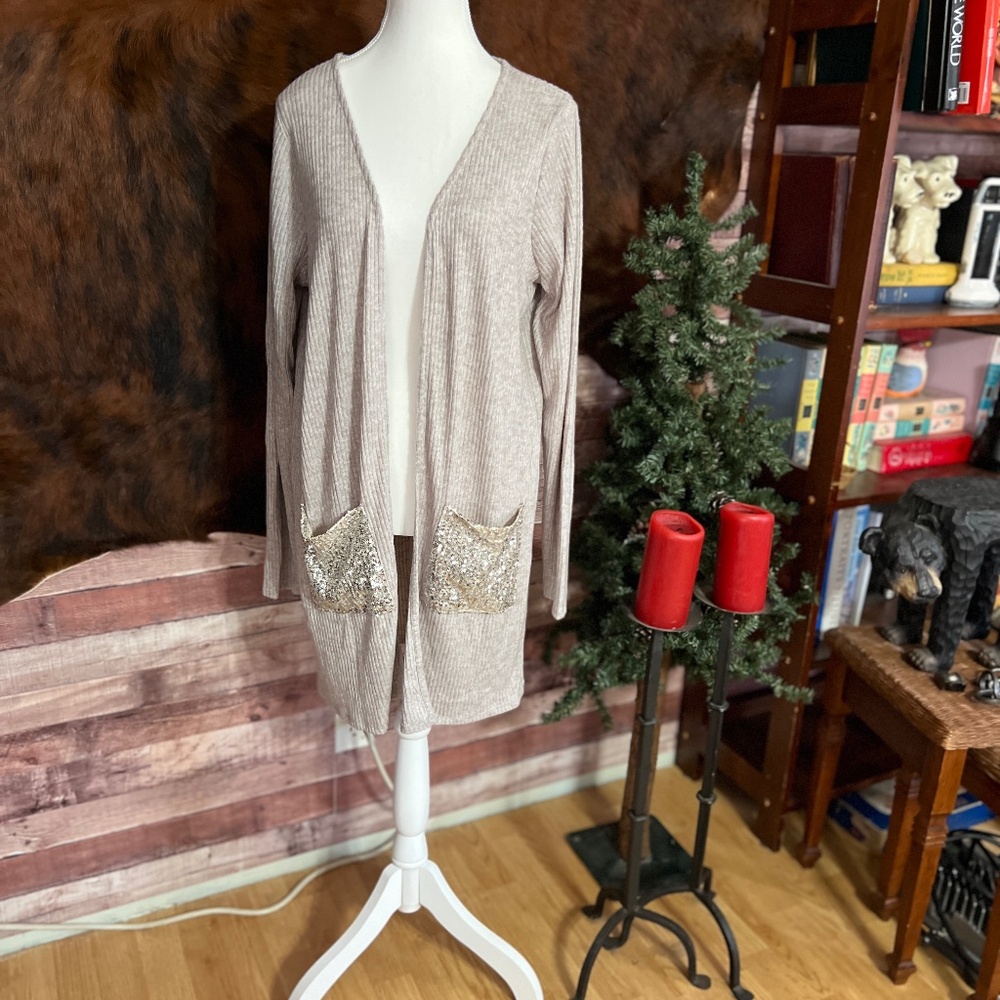 Daytrip Sequin Pocket Long Cardigan Beige Large NWT